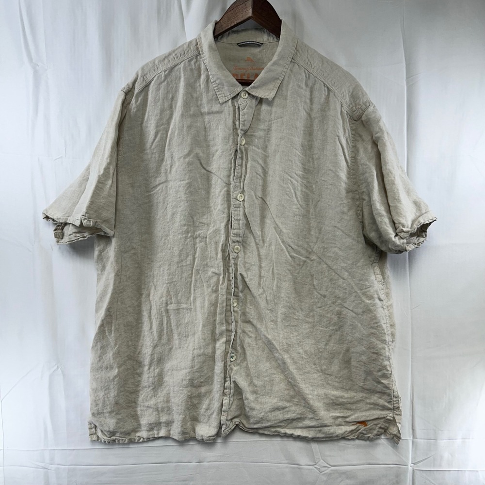 Tommy Bahama Button Up Shirt Mens XXL Beige 100% Linen Short Sleeve‎ Relax